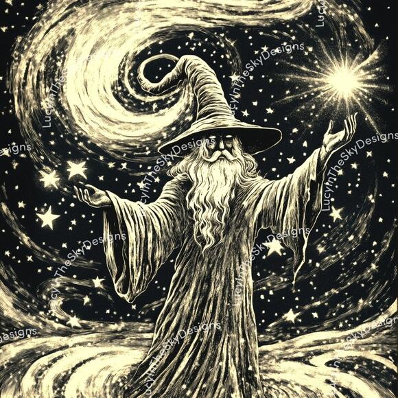 Wizard Moon Stars Magic Celestial Vintage Style Art Print Decor - Picture 2 of 4